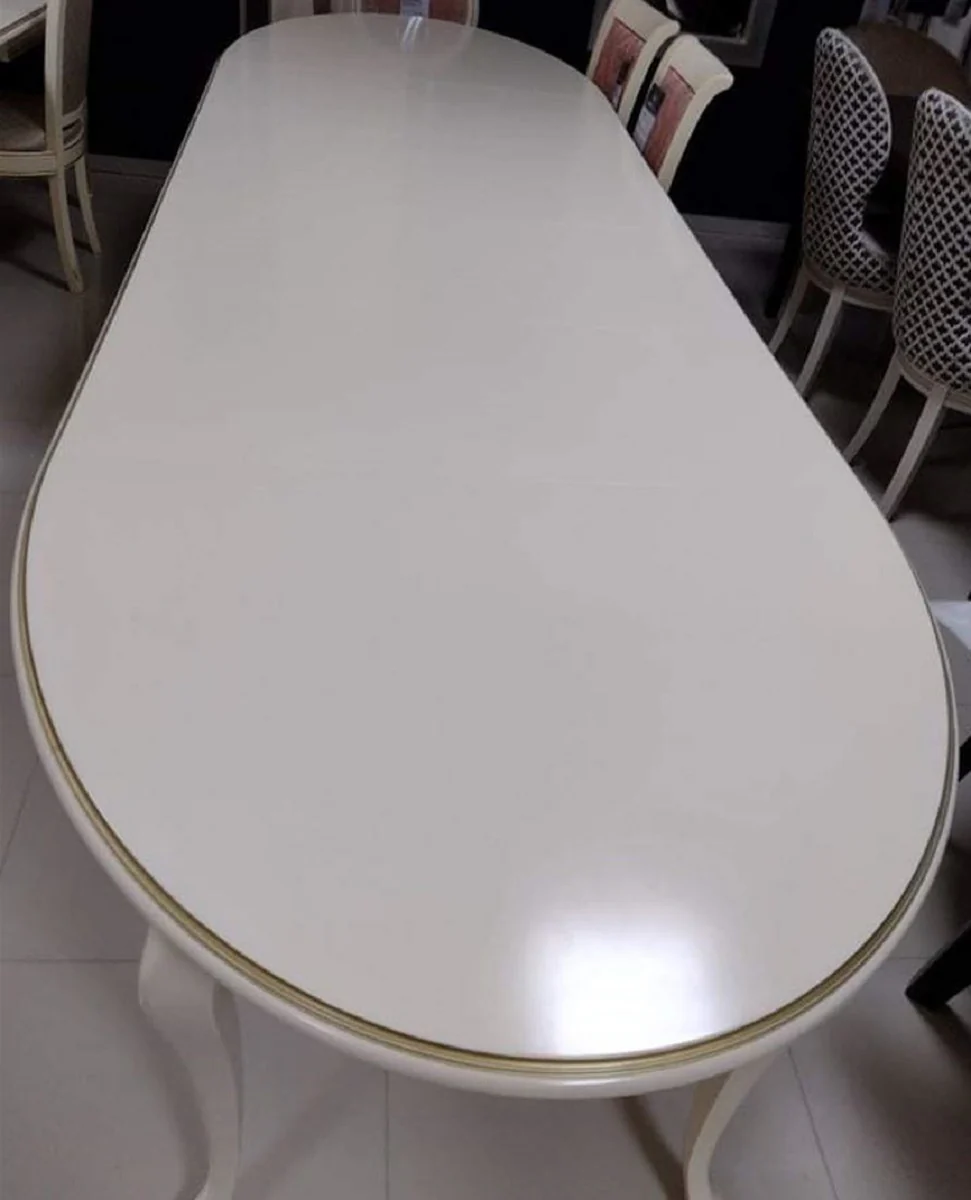 Luxus Jugendstil Esstisch Cremefarben / Gold 160-360 x 110 x H. 78 cm - Ovaler Ausziehbarer Massivholz Esszimmertisch - Barock & Jugendstil Esszimmer Möbel