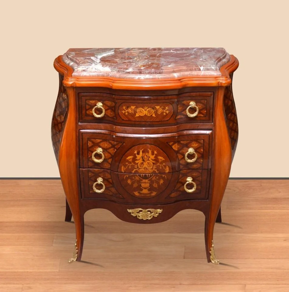 Barock Kommode Braun / Gold 85 x 45 x H. 85 cm - Handgefertigte Massivholz Kommode mit 3 Schubladen und Marmorplatte - Barock Möbel