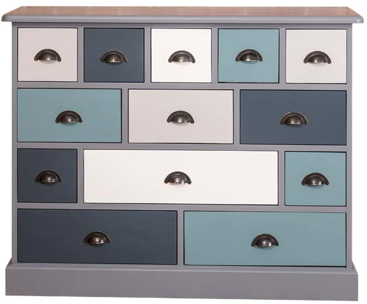 Landhausstil Kommode mit 13 Schubladen Grau / Bunt 120 cm - Landhausstil Büromöbel