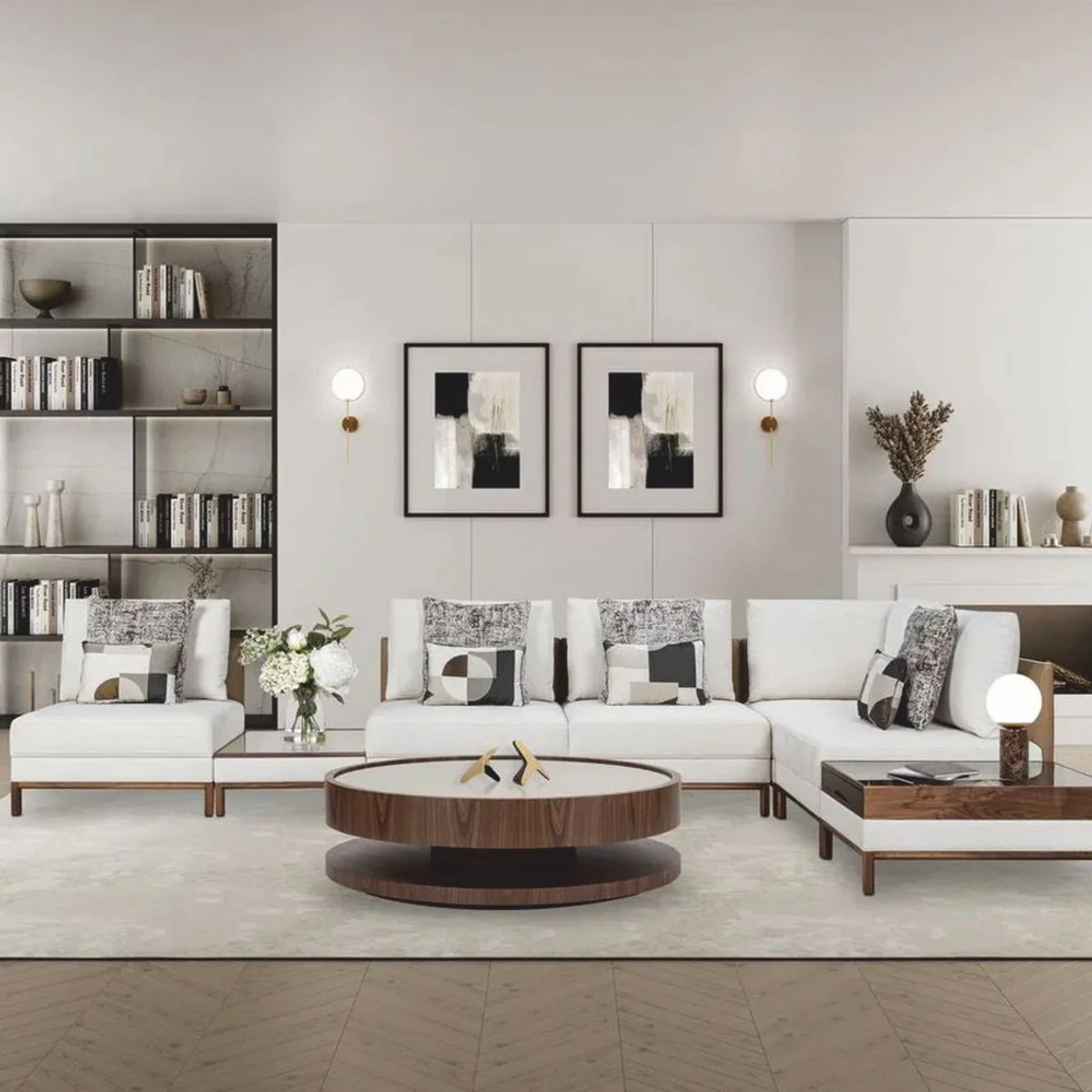 Luxus Couchtisch mit Glasplatte Braun Ø 120 cm - Wohnzimmer Möbel