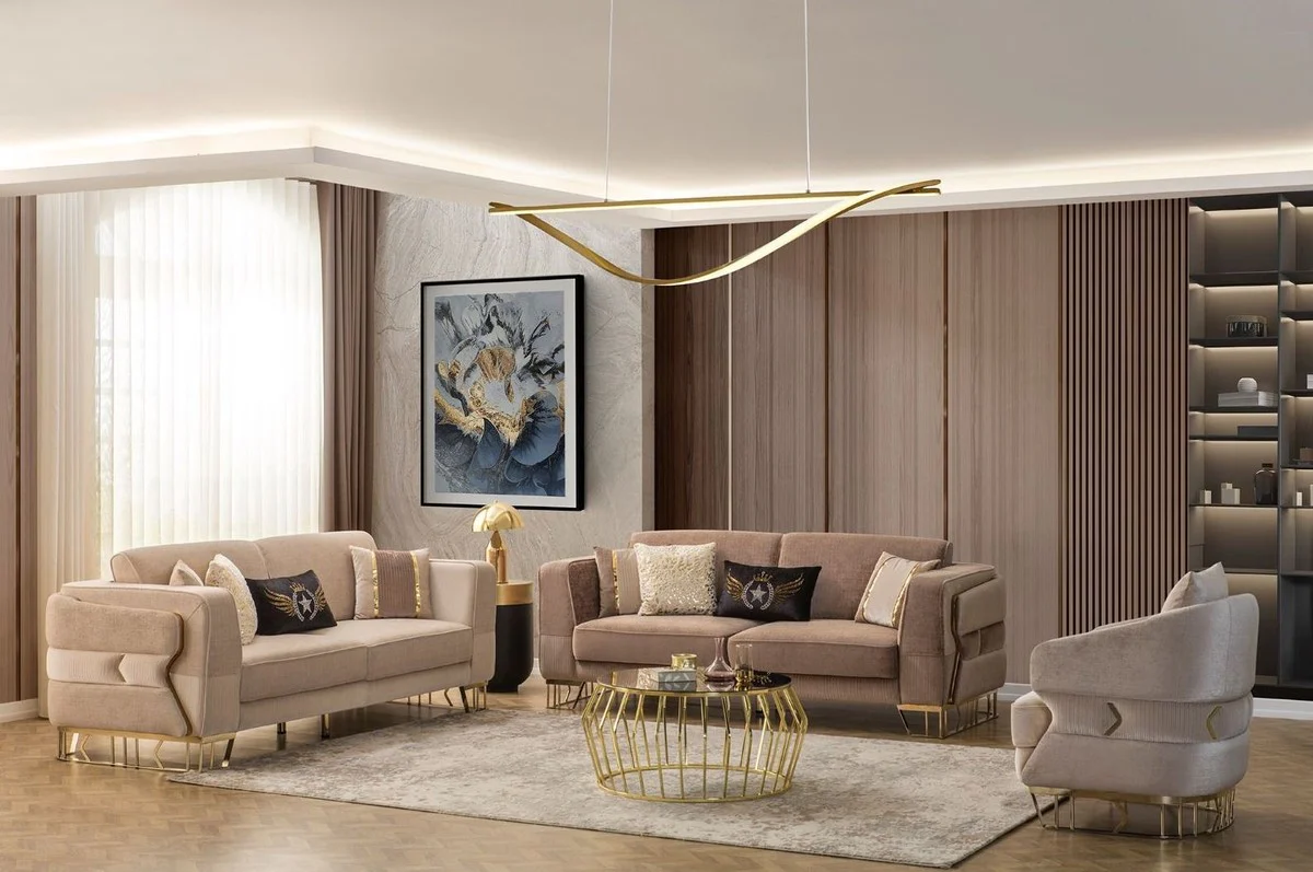 Luxus Sofa Hellbraun / Gold 230 x 90 x H. 77 cm - Wohnzimmer Sofa - Hotel Sofa - Wohnzimmer Möbel - Hotel Möbel - Luxus Möbel - Wohnzimmer Einrichtung - Luxus Einrichtung