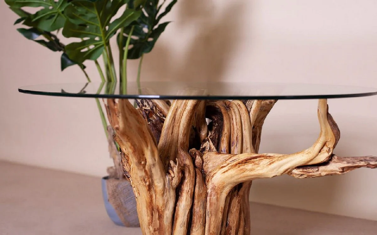 Luxus Couchtisch mit Glasplatte Naturfarben / Schwarz Ø 90 cm