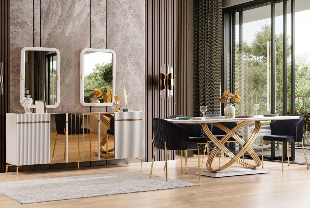 Luxus Esstisch mit Glasplatte Weiß / Gold 207 x 97 x H. 79 cm - Esszimmer Möbel - Luxus Möbel - Luxus Kollektion