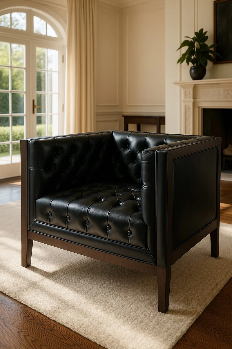 Luxus Chesterfield Leder Sessel Schwarz / Braun 91 x 78 x H. 72 cm - Chesterfield Echtleder Wohnzimmer Sessel - Chesterfield Möbel - Echtleder Möbel - Luxus Möbel