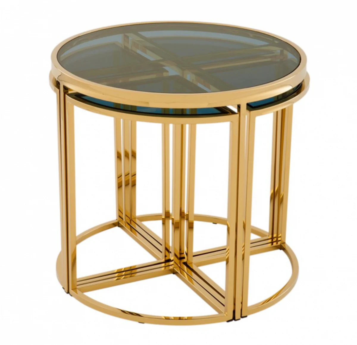 Luxus Art Deco Designer Beistelltisch 5er Set Gold mit Rauchglas - Luxus Qualität