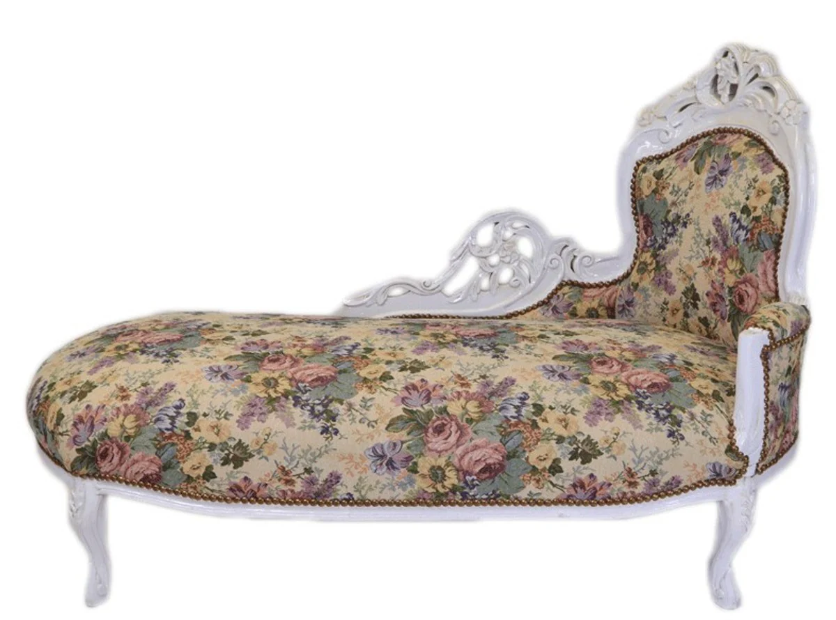 Barock Chaiselongue Blumenmuster / Antik Weiß - Möbel Lounge Liege Recamiere
