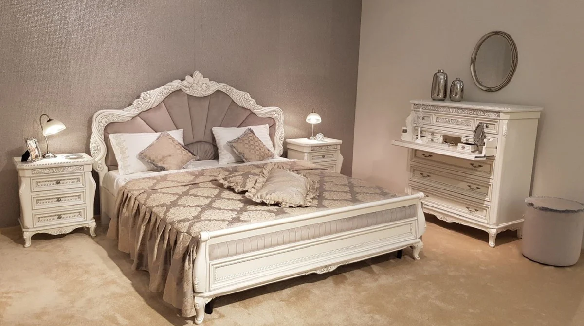 Luxus Barock Kommode Weiß / Grau / Antik Silber - Prunkvolle Barockstil Schlafzimmer Kommode - Luxus Schlafzimmer Möbel im Barockstil - Barock Schlafzimmer Möbel