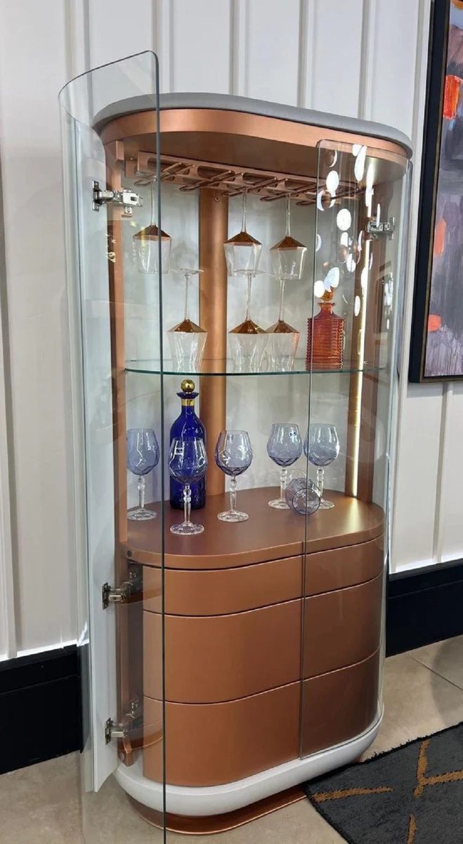 Luxus Barschrank Weiß / Grau / Kupfer 80 x 50 x H. 165 cm - Beleuchteter Massivholz Weinschrank mit 2 Türen - Wohnzimmer Möbel - Bar Möbel - Hotel Möbel - Luxus Kollektion