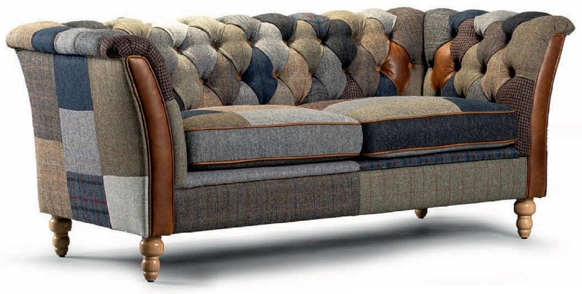 Luxus Chesterfield 3er Sofa Bunt / Braun 213 cm
