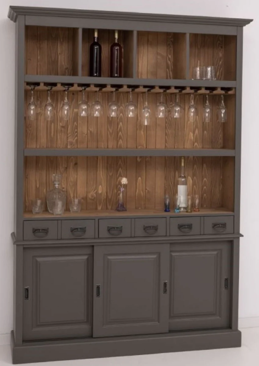 Landhausstil Massivholz Barschrank Dunkelgrau / Braun 151 x 36 x H. 210 cm - Massivholz Weinschrank im Landhausstil - Massivholz Bar Möbel - Landhausstil Bar Möbel