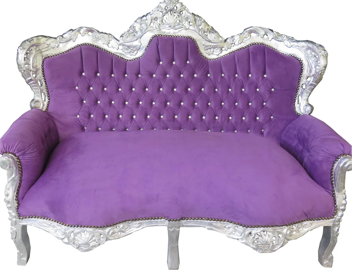 Barock 2-er Sofa King Lila / Silber mit Bling Bling Glitzersteinen