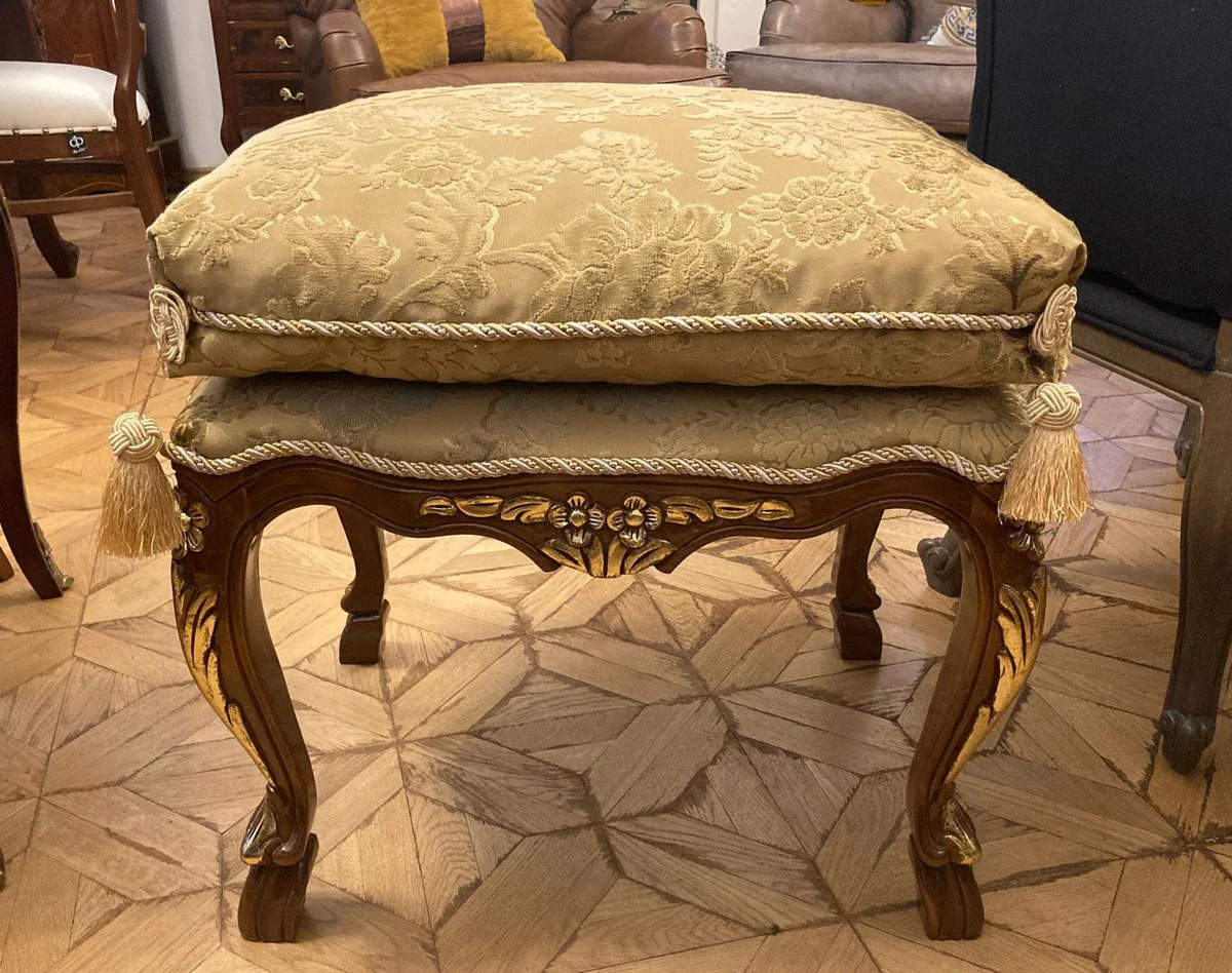 Pompöös by Luxus Barock Sitzhocker mit Sitzkissen Beige Muster / Braun / Gold - Pompööser Barock Hocker designed by Harald Glööckler - Barock Möbel - Edel & Prunkvoll