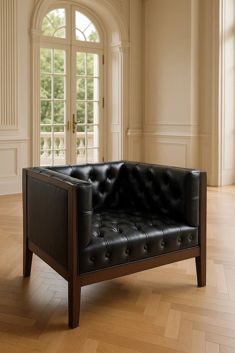Luxus Chesterfield Leder Sessel Schwarz / Braun 91 x 78 x H. 72 cm - Chesterfield Echtleder Wohnzimmer Sessel - Chesterfield Möbel - Echtleder Möbel - Luxus Möbel