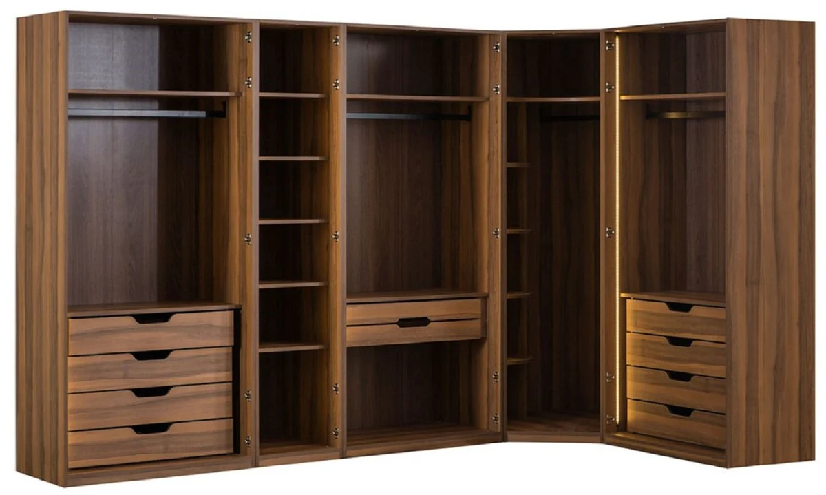 Luxus Eck Kleiderschrank Braun / Schwarz 345 x 195 x H. 220 cm - Massivholz Schlafzimmerschrank mit 8 Glastüren und LED Beleuchtung - Schlafzimmer Möbel - Hotel Möbel - Luxus Möbel