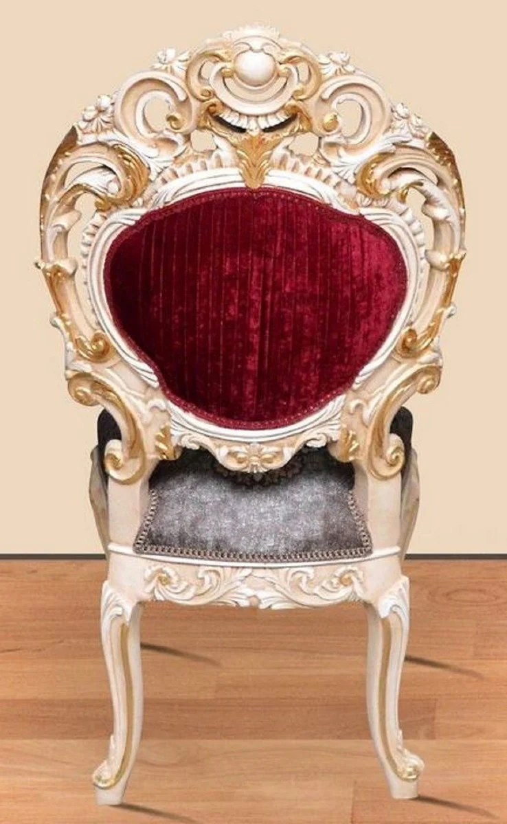 Barock Esszimmer Set Bordeauxrot / Grau / Weiß / Gold - 1 runder Esstisch & 4 Esszimmerstühle - Prunkvolle Esszimmer Möbel im Barockstil