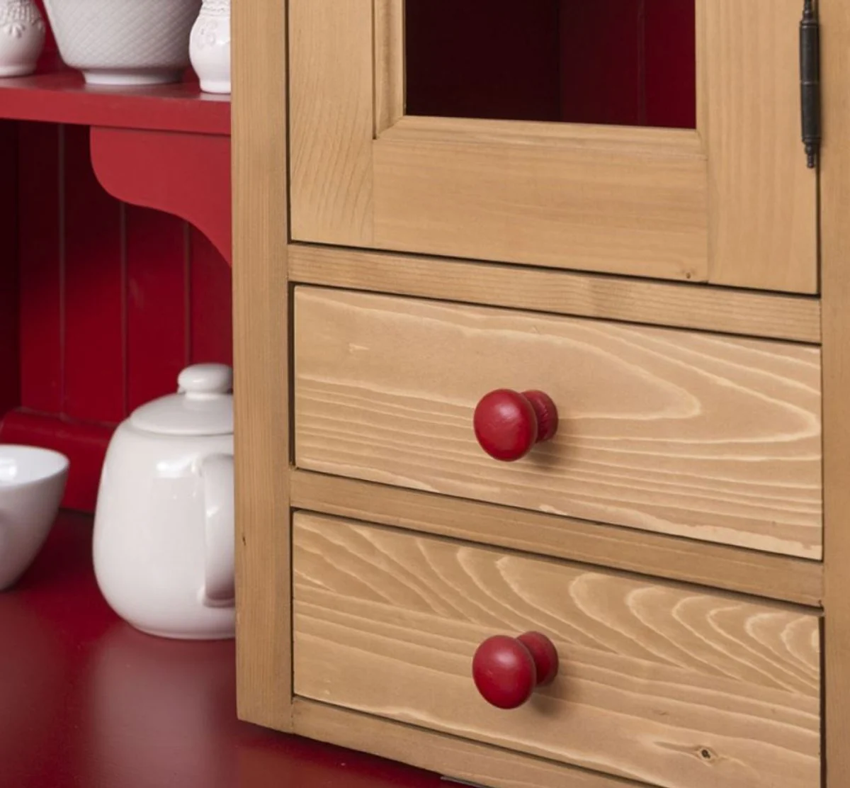 Landhausstil Küchenschrank Naturfarben / Bordeauxrot 137 x 50 x H. 197 cm - 2 Teiliger Küchenschrank mit 5 Türen und 7 Schubladen - Landhausstil Küchenmöbel