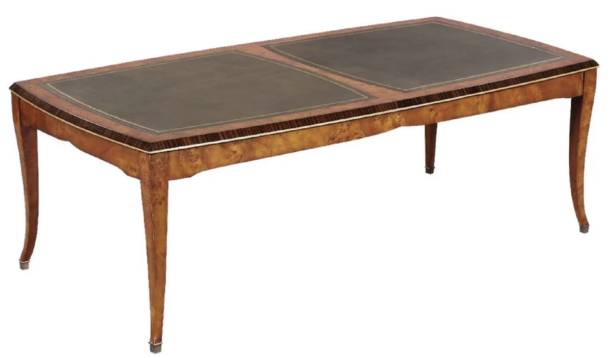 Luxus Jugendstil Couchtisch Hellbraun / Braun 150 x 75 x H. 47 cm - Eleganter Massivholz Wohnzimmertisch mit hochwertigem Echtleder - Barock & Jugendstil Wohnzimmer Möbel