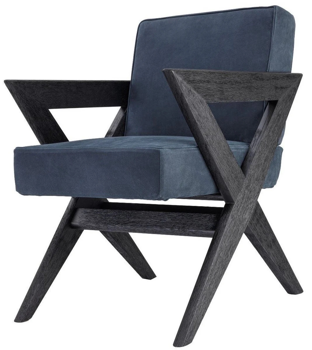 Luxus Echtleder Esszimmerstuhl mit Armlehnen Blau / Schwarz 59 x 74 x H. 88 cm - Küchenstuhl mit edlem Nubuk Büffelleder - Luxus Esszimmer Möbel