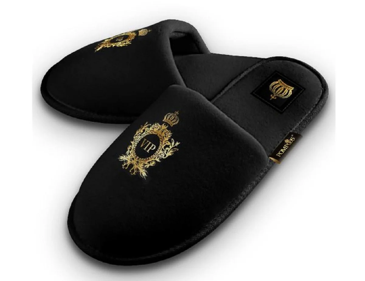Pompöös by Luxus Damen VIP Hotelslipper mit Krone Schwarz / Gold - designed by Harald Glööckler
