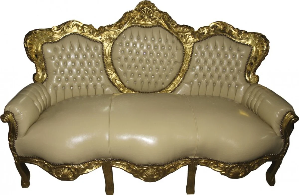 Barock Sofa Garnitur Creme / Gold Lederoptik Bling Bling - Möbel Antik Stil