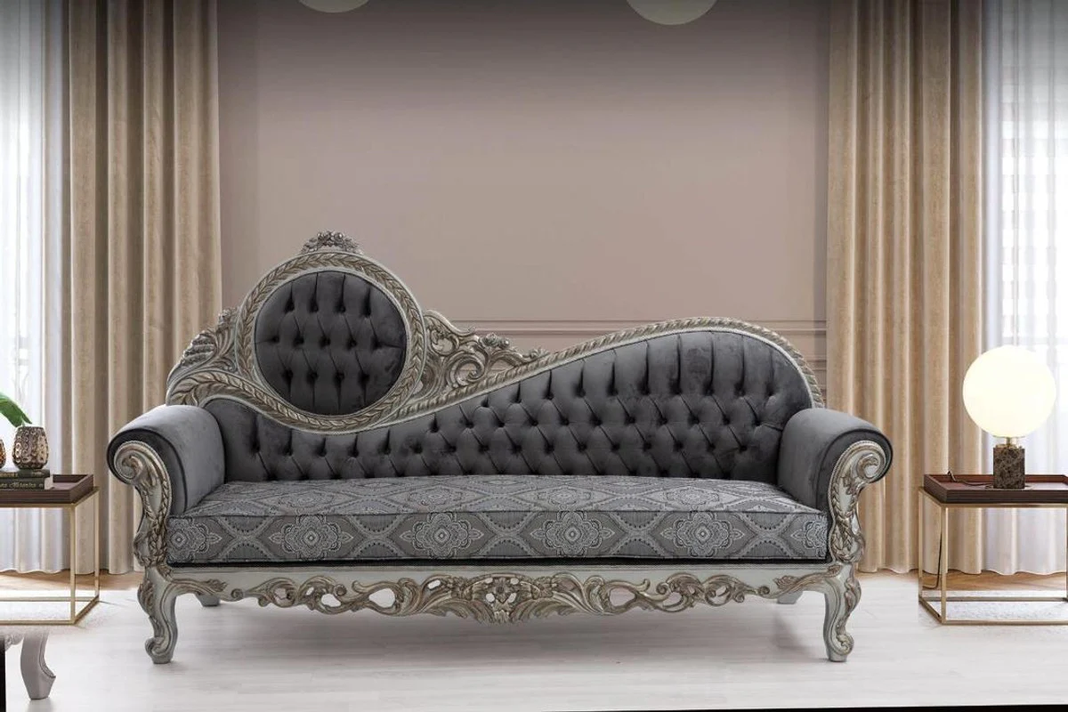Luxus Barock Sofa Grau / Blau / Silber / Bronze 230 x 90 x H. 135 cm - Prunkvolles Massivholz Wohnzimmer Sofa mit elegantem Muster und dekorativen Kissen - Barock Wohnzimmer Möbel