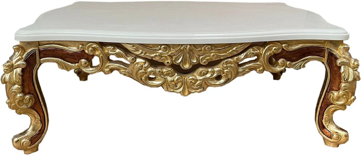 Luxus Barock Wohnzimmer Set Weiß / Gold / Braun - 2 Sofas & 2 Sessel & 1 Couchtisch - Wohnzimmer Möbel im Barockstil - Edel & Prunkvoll
