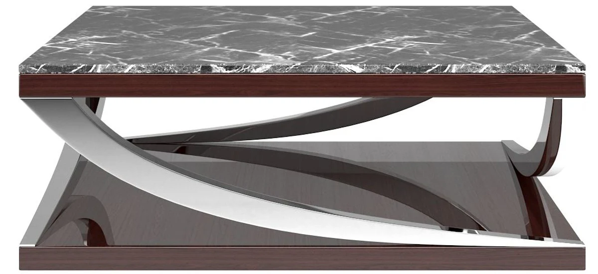 Luxus Couchtisch Schwarz / Dunkelbraun / Silber 120 x 120 x H. 43 cm - Edler Wohnzimmertisch mit Marmorplatte - Luxus Wohnzimmer Möbel