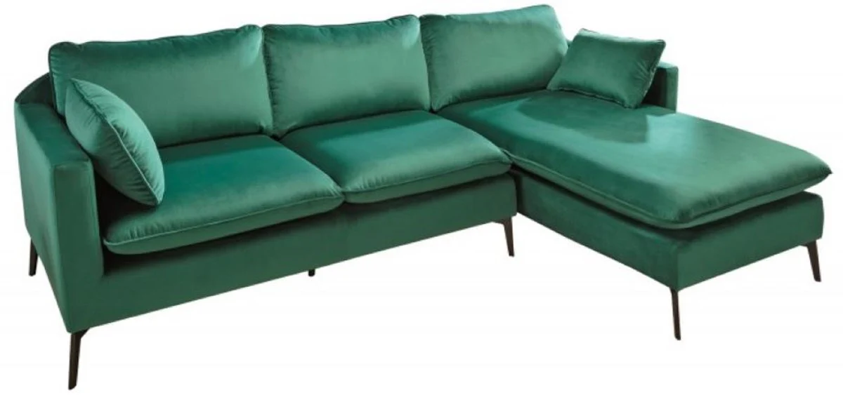 Samt Ecksofa Smaragdgrün / Schwarz 260 x 160 x H. 93 cm - Wohnzimmer Sofa mit Kissen im Retro Style - Wohnzimmer Möbel