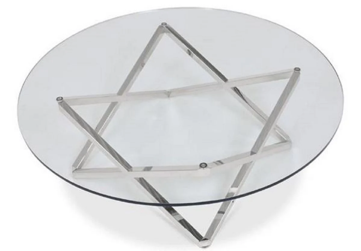 Luxus Couchtisch Silber Ø 60 x H. 50 cm - Runder Wohnzimmertisch mit Glasplatte - Luxus Wohnzimmermöbel