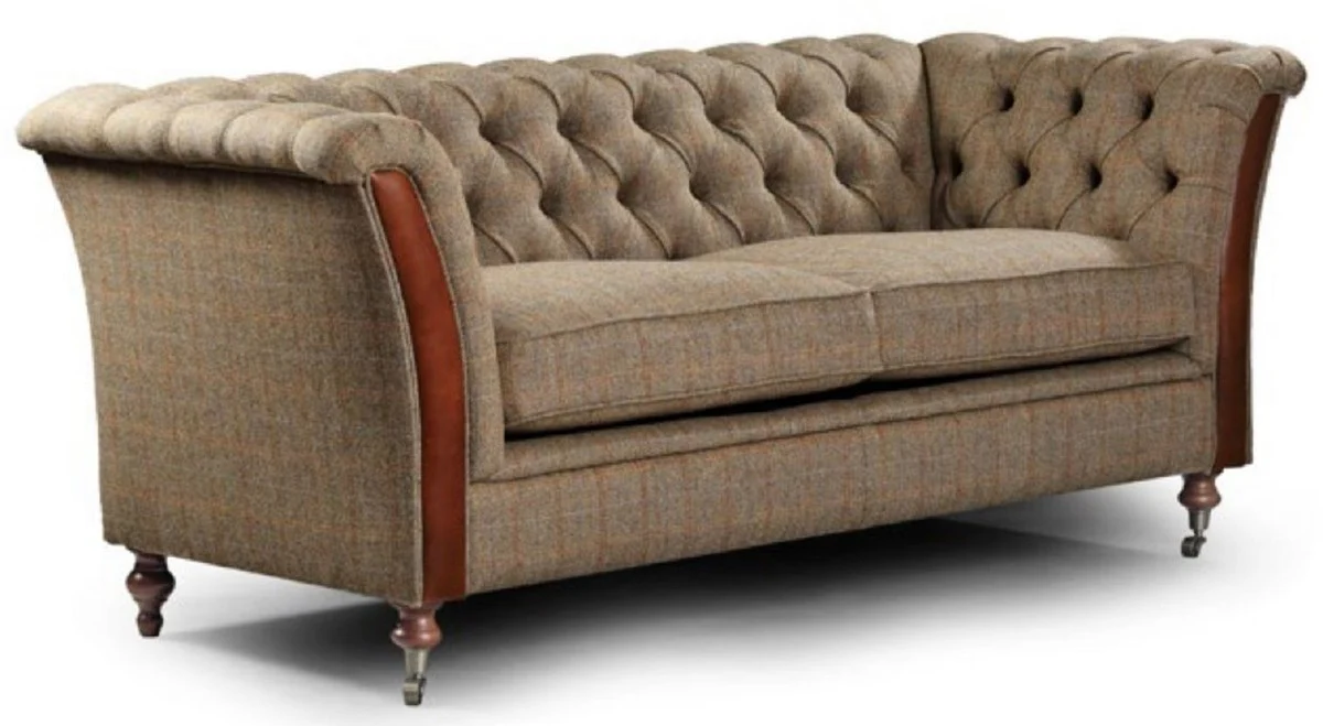 Luxus Chesterfield 2er Sofa Grau / Braun 186 x 87 x H. 77 cm - Elegantes Wohnzimmer Sofa mit Echtleder - Chesterfield Wohnzimmer Möbel
