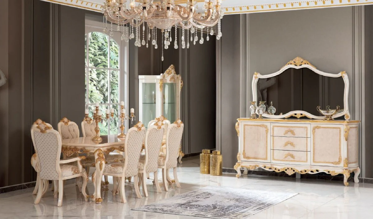 Luxus Barock Esszimmer Set Weiß / Gold - 1 Esstisch & 8 Esszimmerstühle - Prunkvolle Esszimmer Möbel im Barockstil