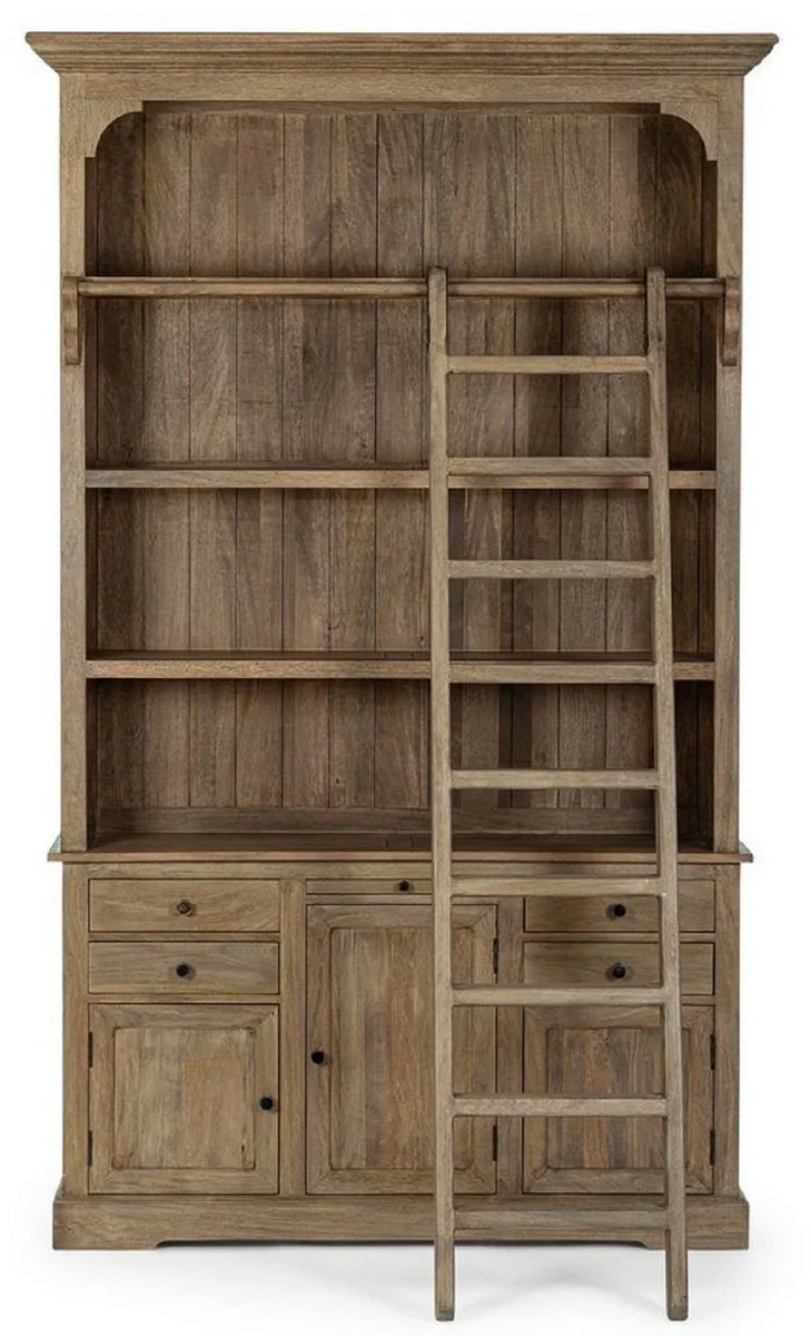 Landhausstil Schrank mit Leiter Braun 143,5 x 40,6 x H. 233,7 cm - Bücherschrank - Regalschrank - Wohnzimmerschrank - Büroschrank - Landhausstil Möbel