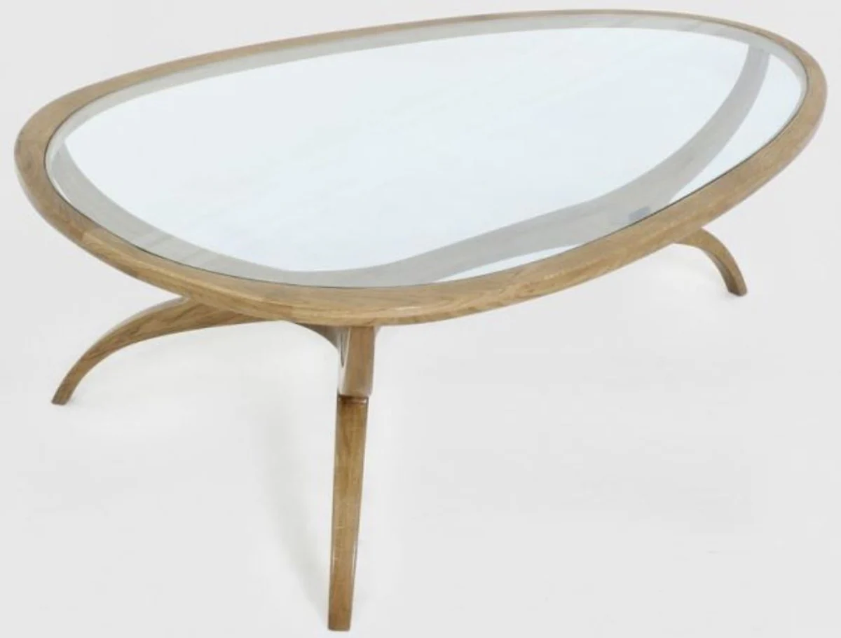 Luxus Art Deco Couchtisch Hellbraun 130 x 88 x H. 46 cm - Edler Massivholz Wohnzimmertisch mit Glasplatte - Wohnzimmer Möbel