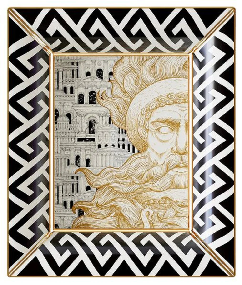 Luxus Deko Schale Poseidon Weiß / Schwarz / Gold 20,5 x 17,5 x H. 13,5 cm - Handbemalte Porzellan Schale - Luxus Qualität - Made in Italy