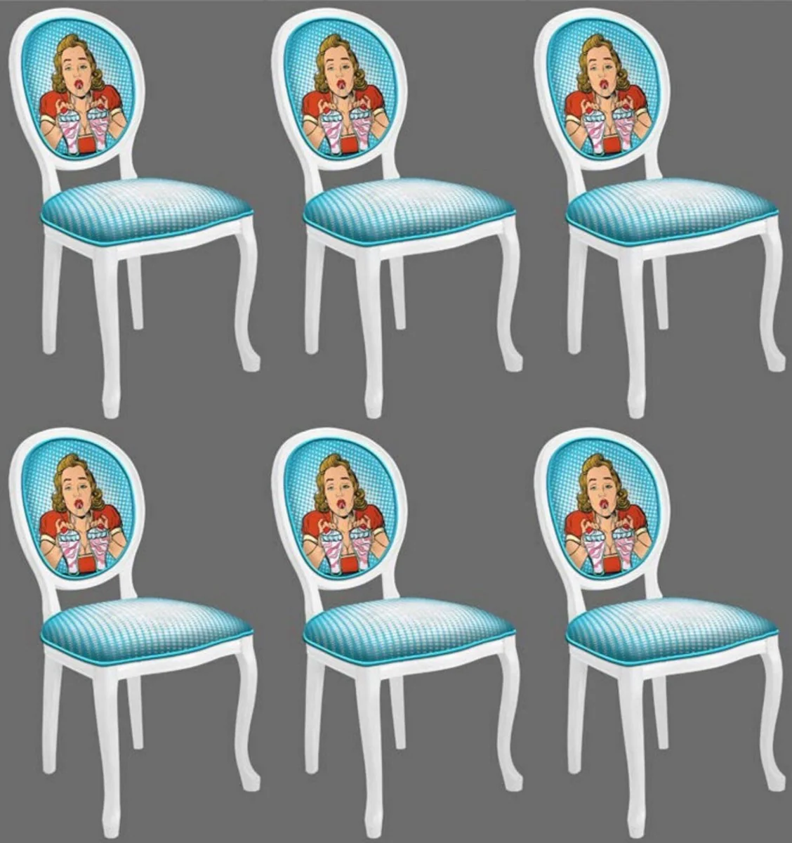 Barock Esszimmerstuhl Set Blau / Mehrfarbig / Weiß - 6 Handgefertigte Küchen Stühle im Barockstil - Barock Esszimmer Möbel