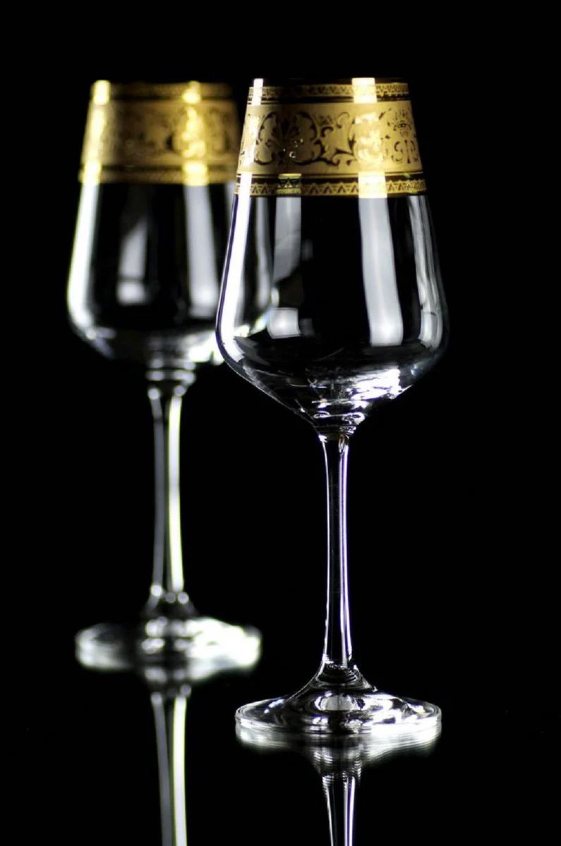 Luxus Barock Weißweinglas 6er Set Gold Ø 8 x H. 21,5 cm - Handgefertigte und handgravierte Weingläser - Hotel & Restaurant Accessoires - Luxus Qualität