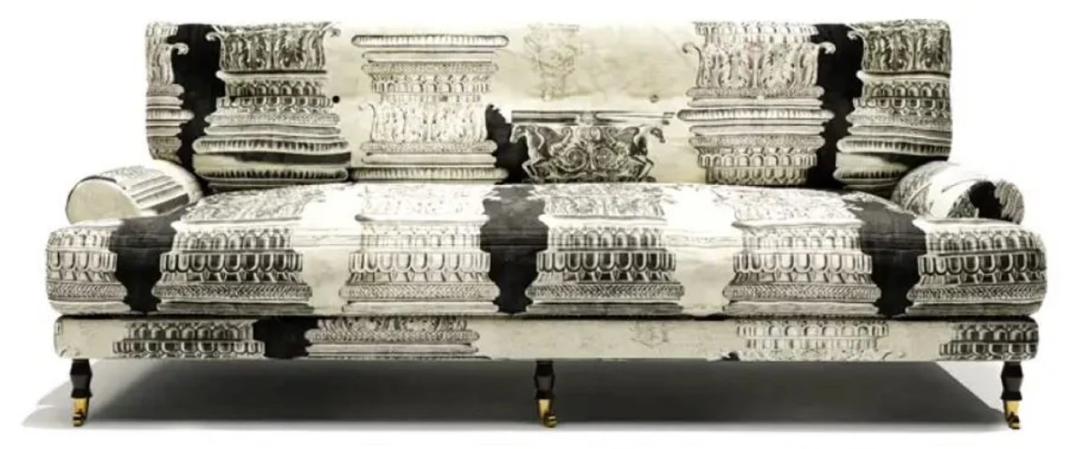 Luxus Samt Sofa Creme / Weiß / Schwarz / Messing 200 x 100 x H. 87 cm - Wohnzimmer Sofa - Hotel Sofa - Wohnzimmer Möbel - Hotel Möbel - Luxus Möbel - Wohnzimmer Einrichtung