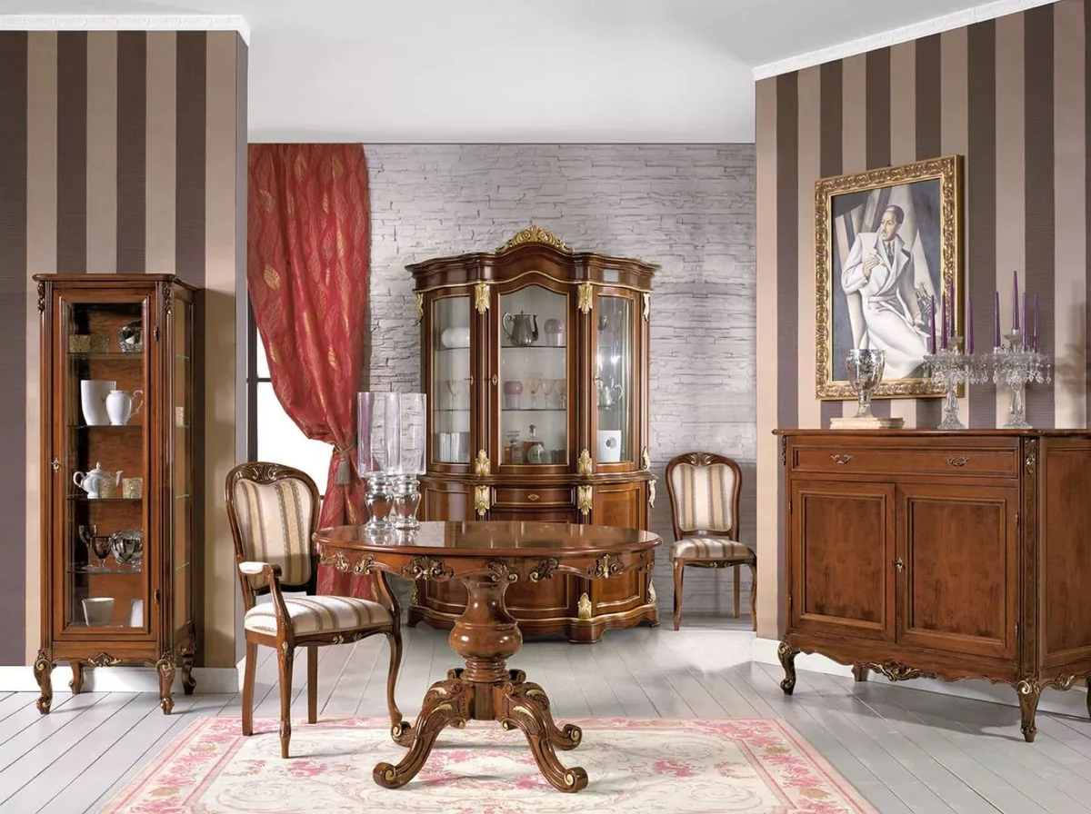 Luxus Barock Esstisch Braun / Gold - Ausziehbarer Barock Esszimmertisch - Runder Barock Küchentisch - Barock Esszimmer Möbel - Luxus Qualität - Made in Italy