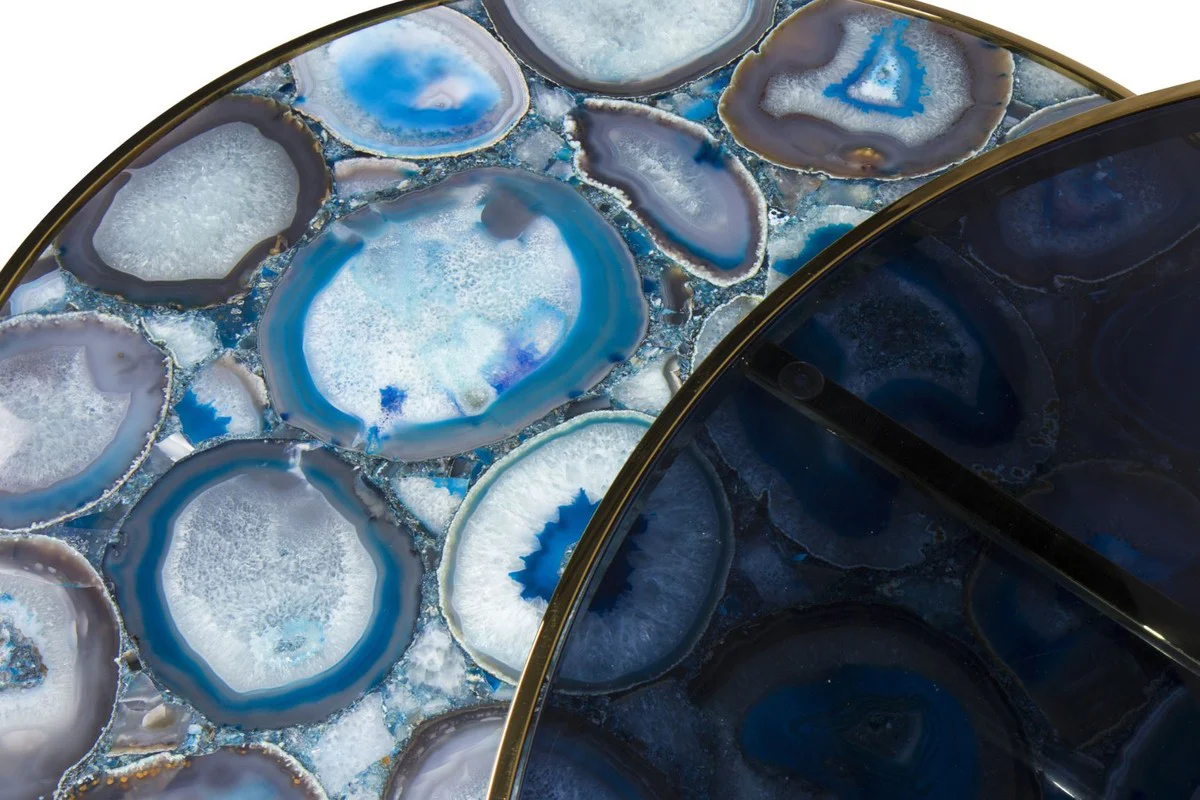 Luxus Couchtisch Set Blau / Gold - 2 Runde Wohnzimmertische mit Achat Edelstein und Glasplatte - Luxus Qualität - Luxus Wohnzimmer Möbel