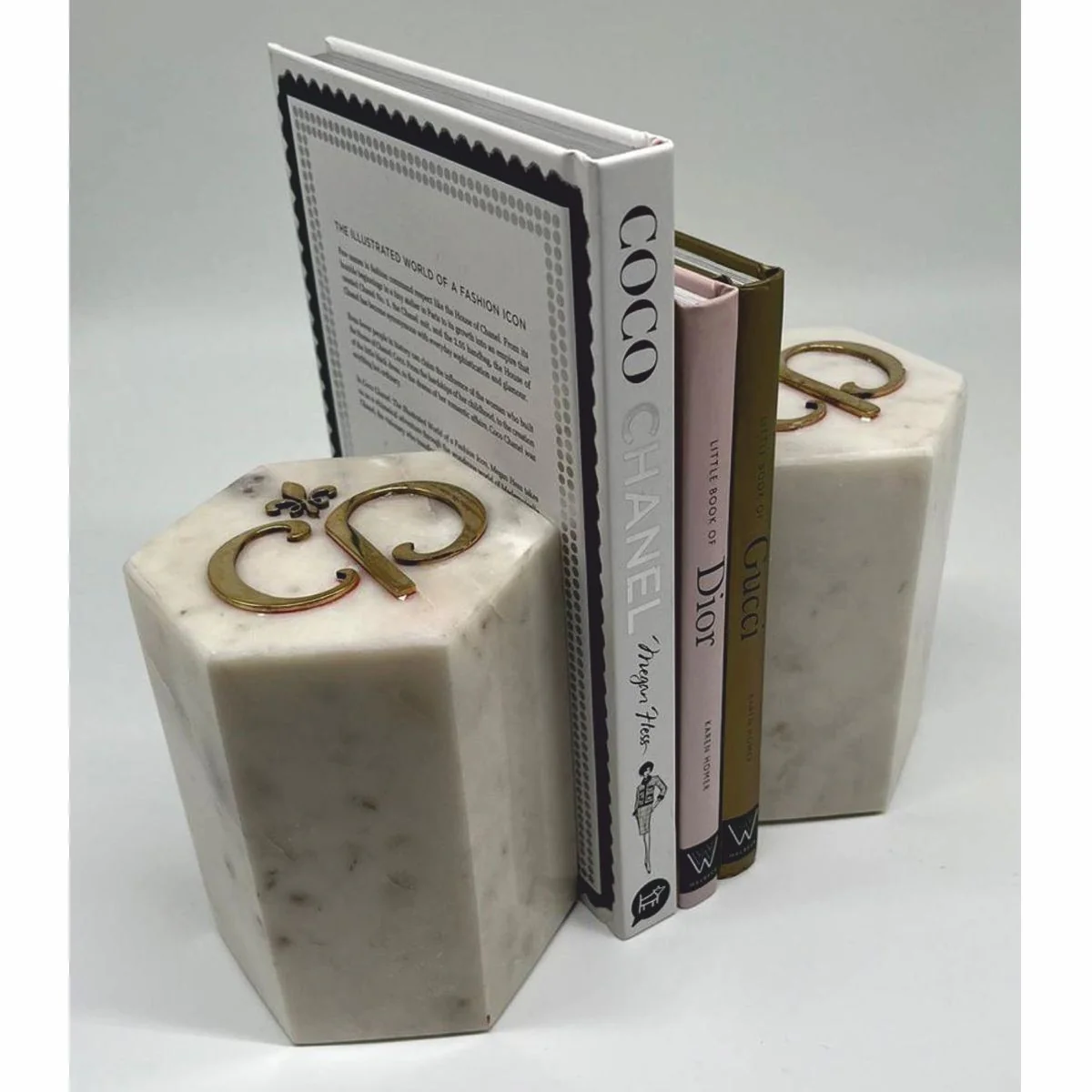 Luxus Marmor Deko Buchstützen Set Weiß / Gold