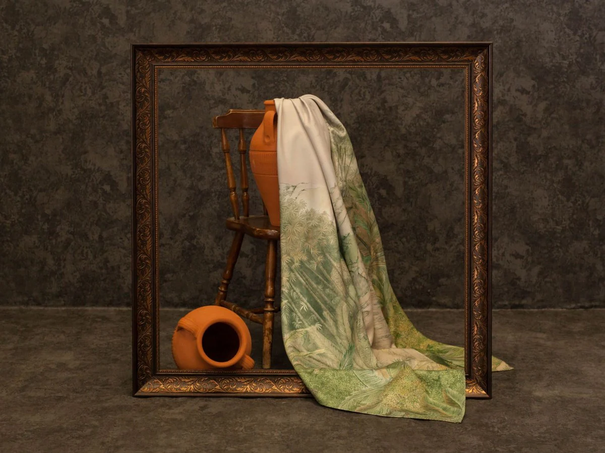 Luxus Vorhang Set Palmen Landschaft Creme / Grün 250 x H. 290 cm - Bedruckte Leinen & Samt Vorhänge - Ösenvorhänge - Schiebevorhänge - Luxus Deko Accessoires