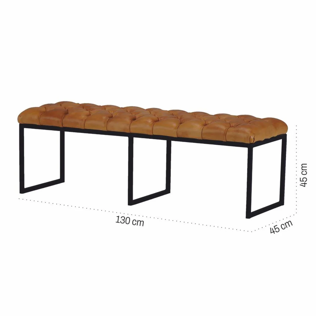 Luxus Chesterfield Echtleder Sitzbank Hellbraun / Schwarz 130 cm - Echtleder Möbel