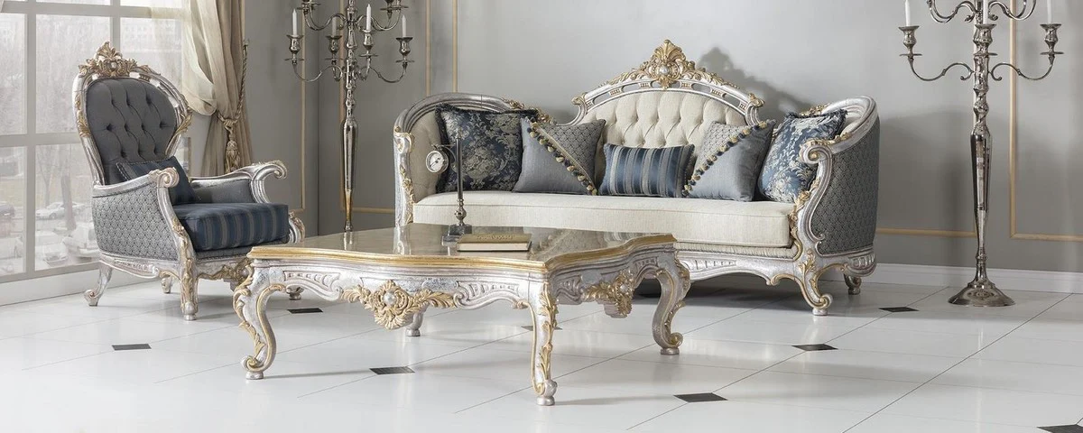 Luxus Barock Wohnzimmer Sofa mit dekorativen Kissen Creme / Blau / Silber / Gold 250 x 95 x H. 125 cm - Edel & Prunkvoll