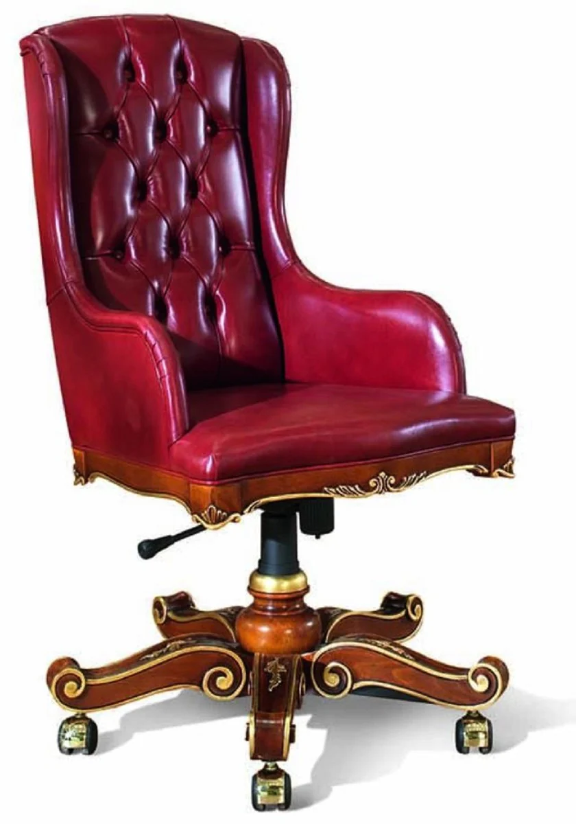 Luxus Barock Chesterfield Bürostuhl Bordeauxrot / Braun / Gold - Höhenverstellbarer Schreibtischstuhl mit Echtleder - Büromöbel im Barockstil - Luxus Qualität - Made in Italy
