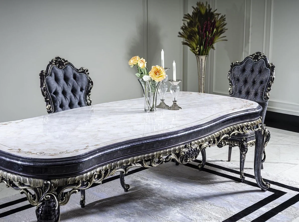 Luxus Barock Esstisch Weiß / Blau / Gold - Handgefertigter Massivholz Esszimmertisch - Barock Esszimmer Möbel - Edel & Prunkvoll