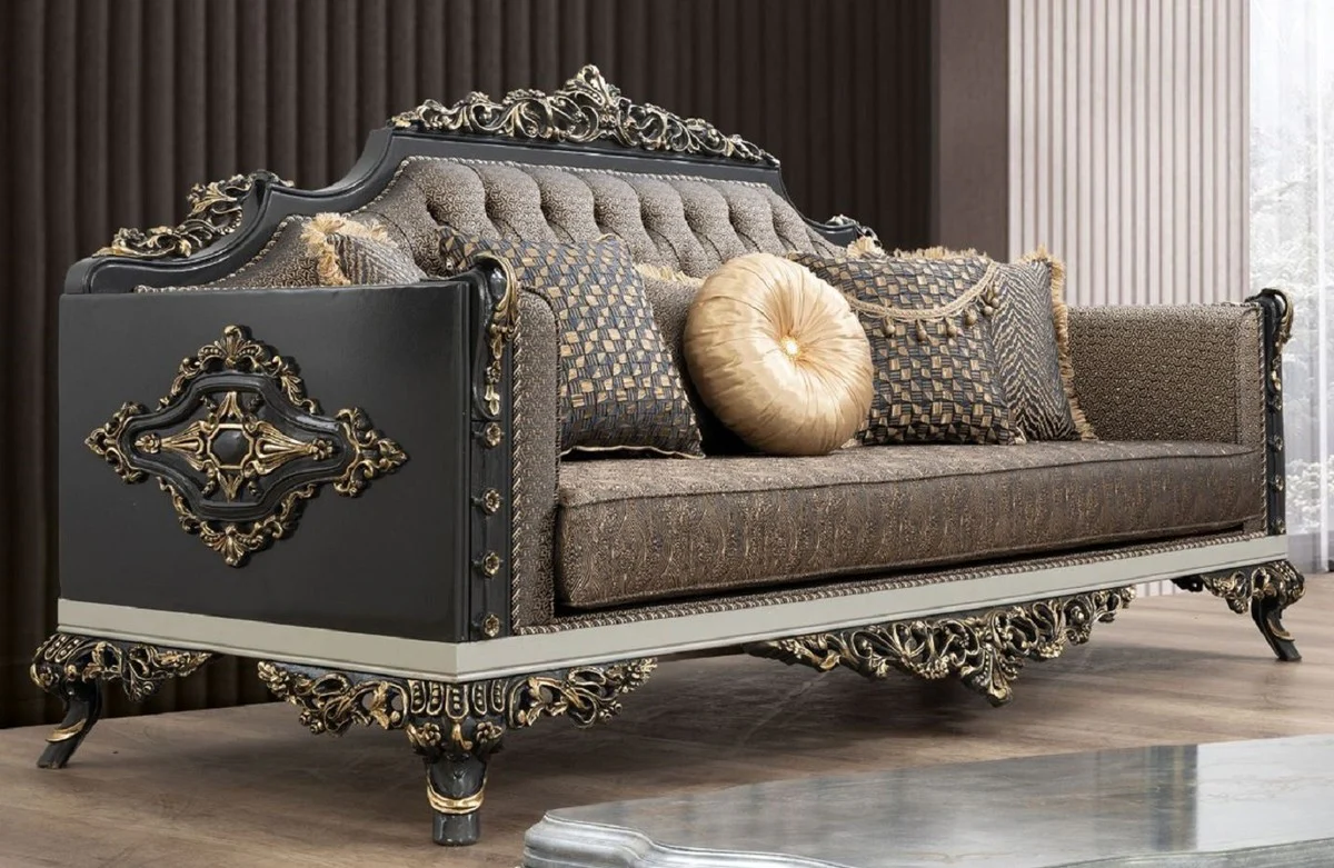 Luxus Barock Sofa Blau / Gold / Grau / Weiß / Gold - Prunkvolles Wohnzimmer Sofa mit elegantem Muster - Barock Wohnzimmer Möbel