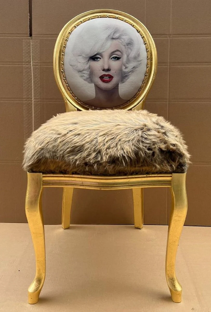 Luxus Barock Esszimmer Stuhl Marilyn Monroe Braun / Mehrfarbig / Gold - Handgefertigter Pop Art Designer Stuhl mit Kunstfell - Barock Esszimmer Möbel
