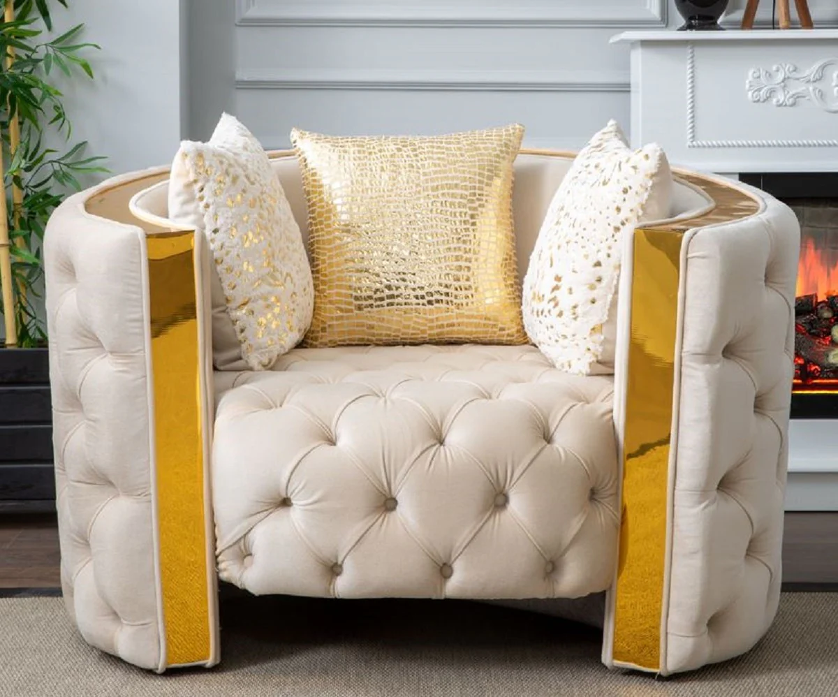 Luxus Chesterfield Sessel Creme / Gold 120 x 100 x H. 75 cm - Chesterfield Wohnzimmer Sessel - Wohnzimmer Möbel - Chesterfield Möbel - Luxus Möbel - Luxus Einrichtung - Möbel Luxus
