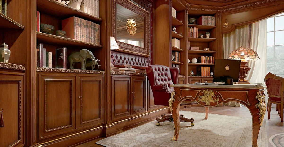 Luxus Barock Chesterfield Bürostuhl Bordeauxrot / Braun / Gold - Höhenverstellbarer Schreibtischstuhl mit Echtleder - Büromöbel im Barockstil - Luxus Qualität - Made in Italy