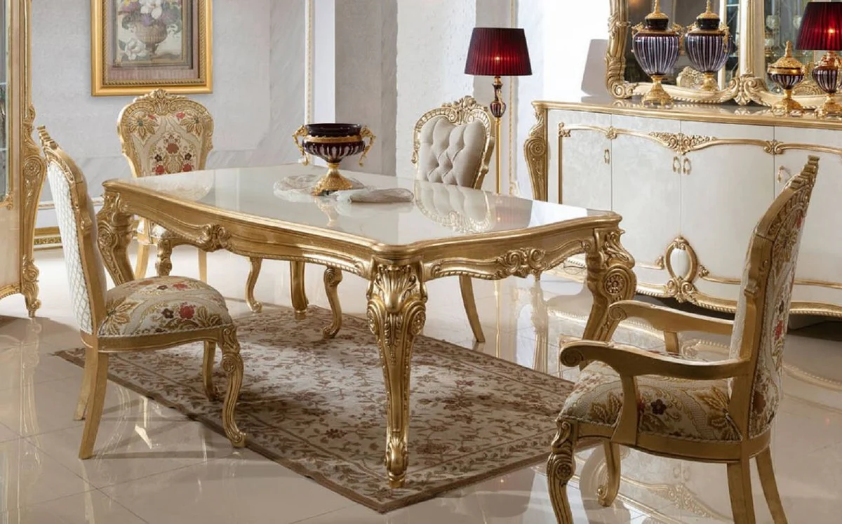 Luxus Barock Esszimmer Set Weiß / Mehrfarbig / Gold